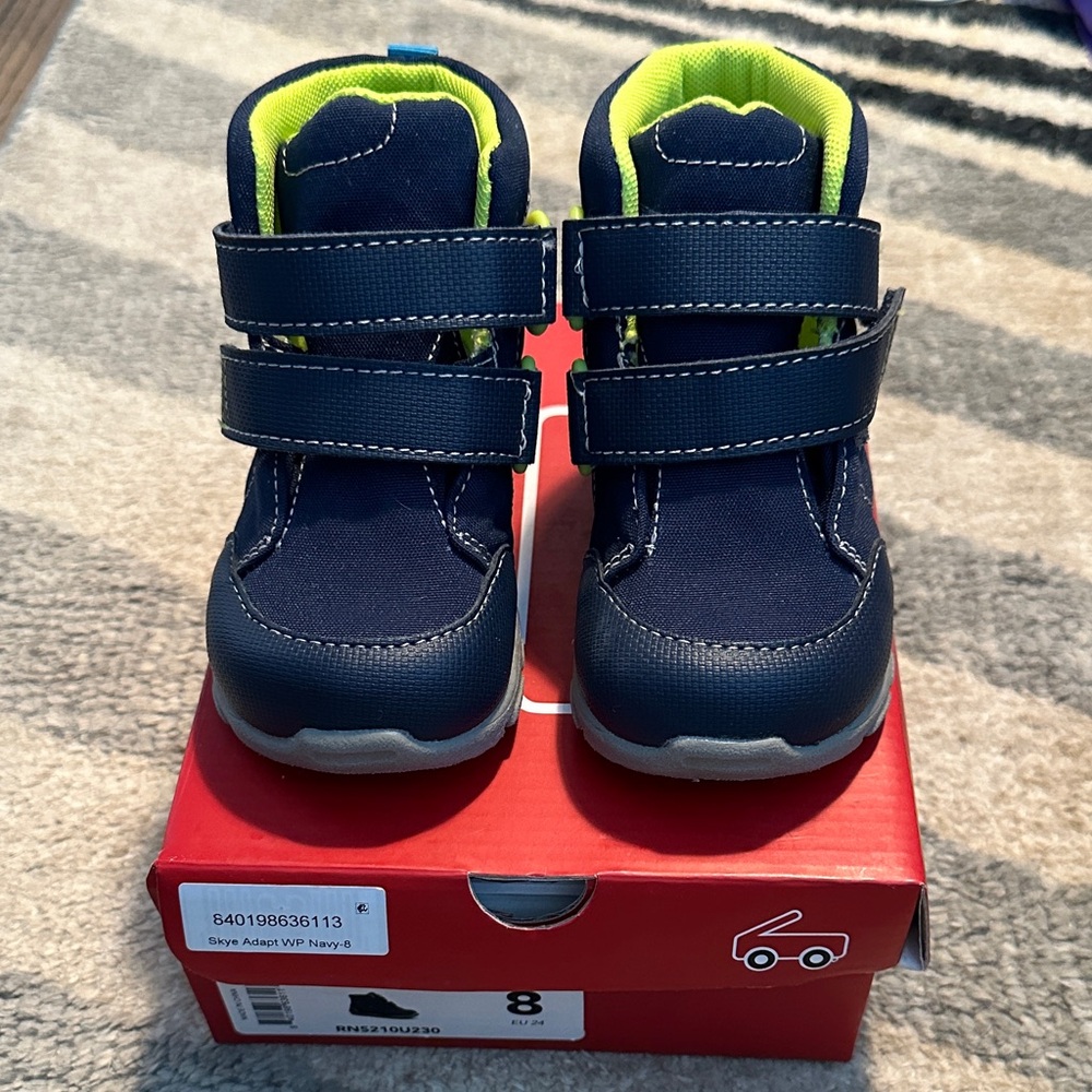 Kids Navy Blue Velcro Sneakers with Neon Green Lining